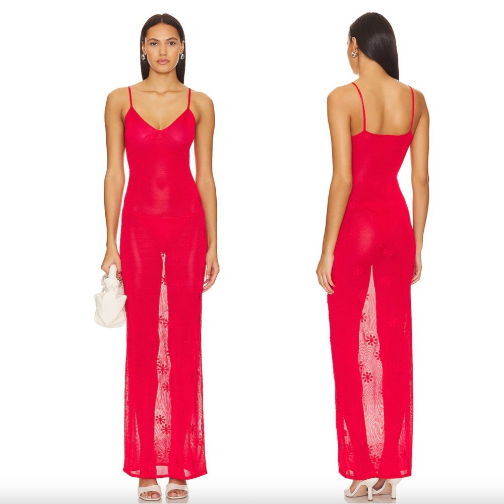NEW ASTA RESORT Delilah Maxi Dress Rossa Red Sheer Sundress Large
